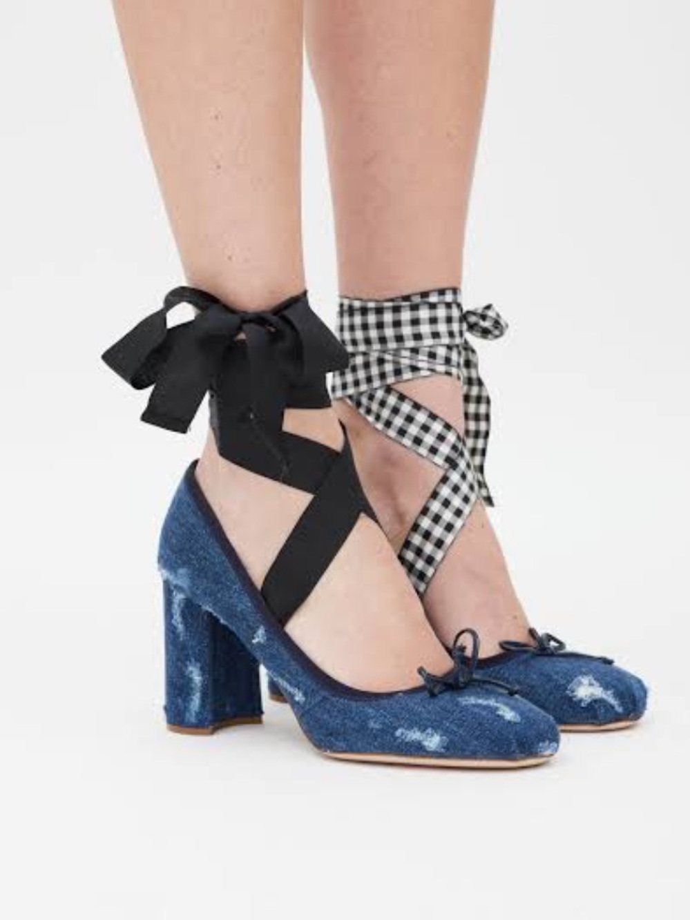 Miu Miu Distressed Denim Ribbon Block Heel Pumps in Blue size 7.5